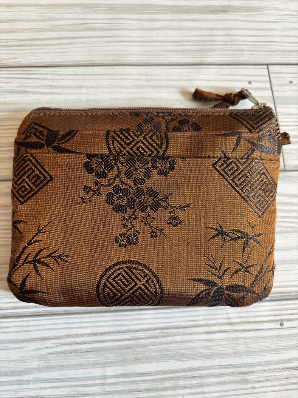 Red Blossom Brown Floral Silk Jacquard Zip Pouch - Women Bags